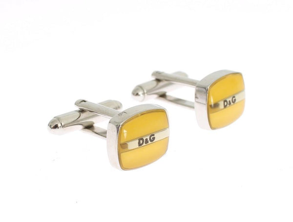Yellow Silver Brass Branded Round Cufflinks