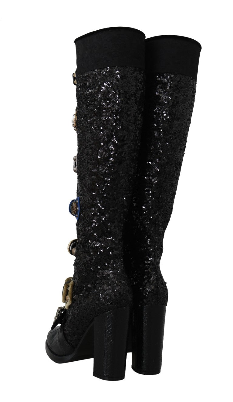 Black Crystal Sequined Buckle Boots
