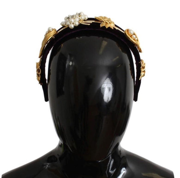 Purple Velvet Gold Brass Pearl Crystal Headband