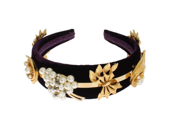 Purple Velvet Gold Brass Pearl Crystal Headband