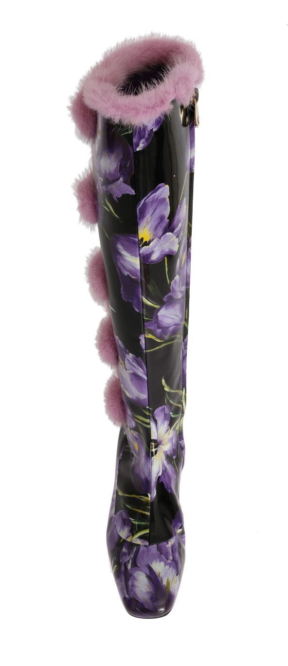 Purple Tulip Print Leather Fur Boots
