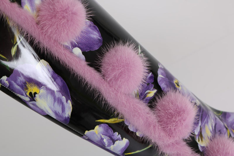 Purple Tulip Print Leather Fur Boots