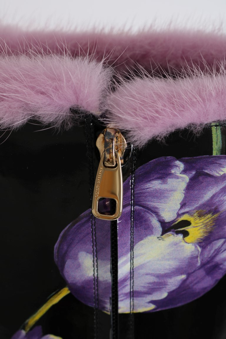 Purple Tulip Print Leather Fur Boots