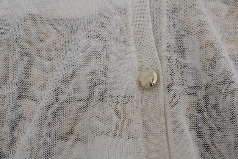 White Linen Silk Baroque Print Cardigan Sweater