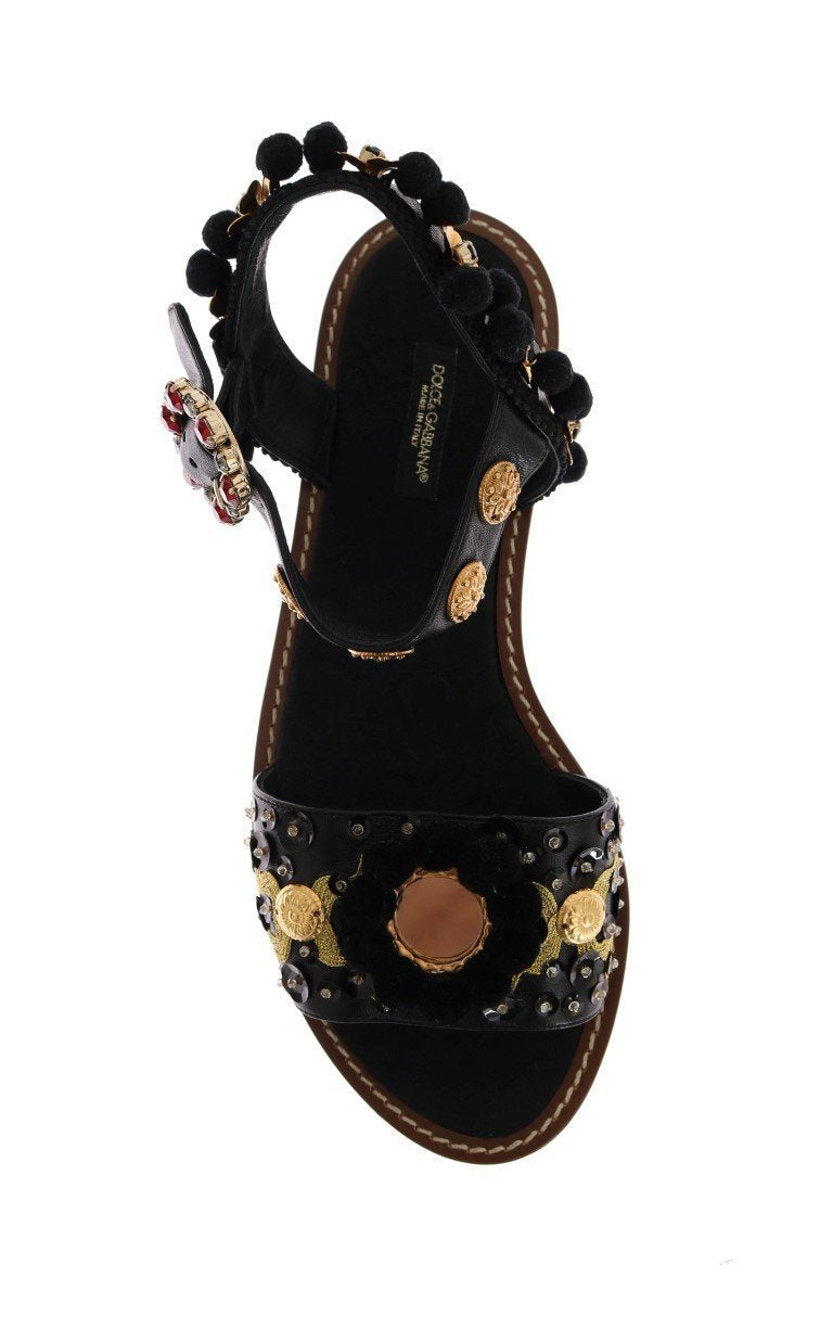 Black Leather PomPom Crystal Sandals
