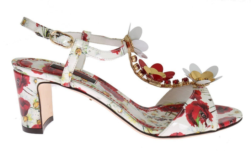White Leather Floral Crystal Sandal Shoes