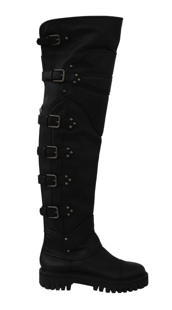 Black Leather Over Knee Biker Boots