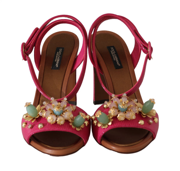 Pink Leather Crystal Flower Sandals