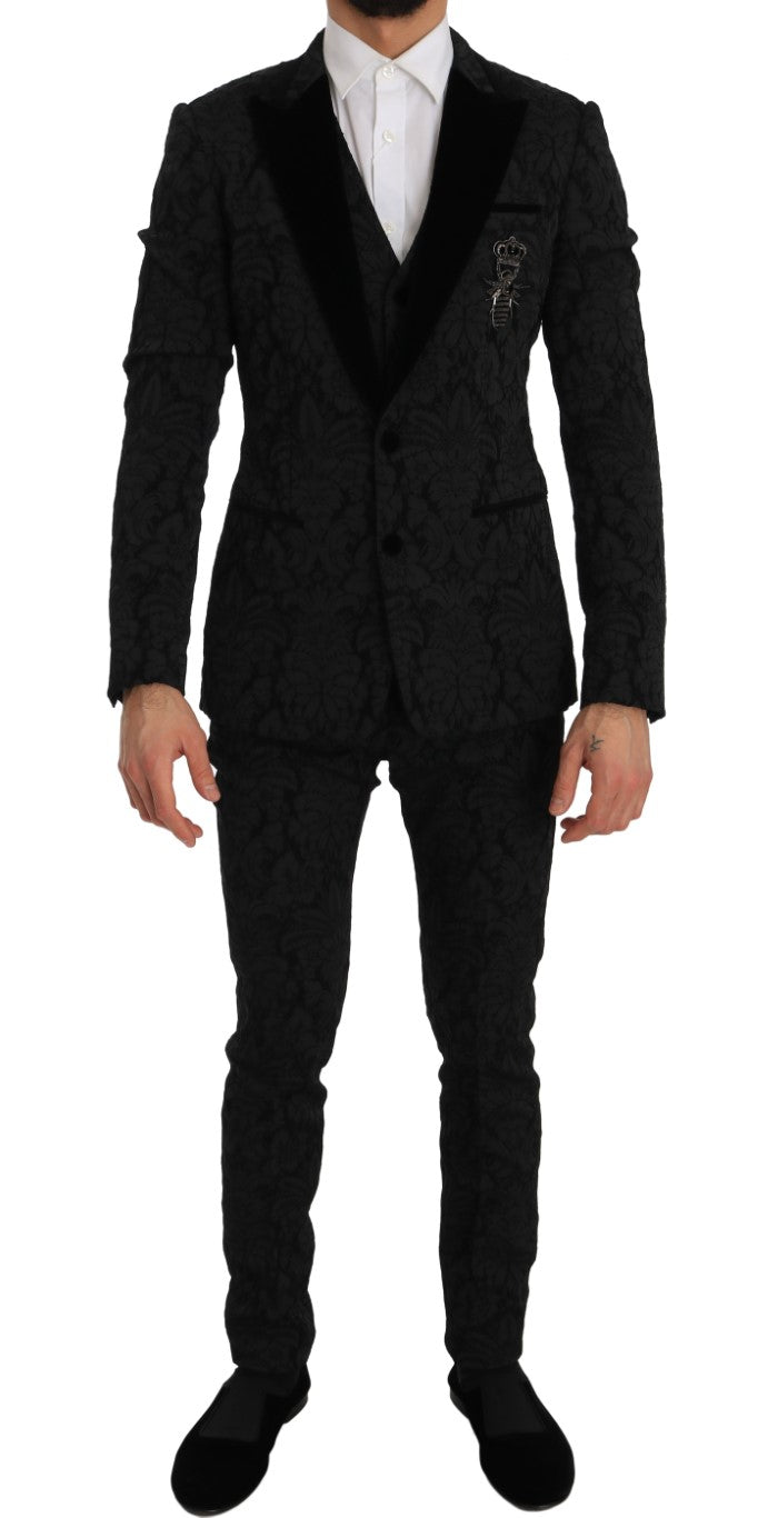 Black Slim Fit 3 Piece Crystal Bee Suit