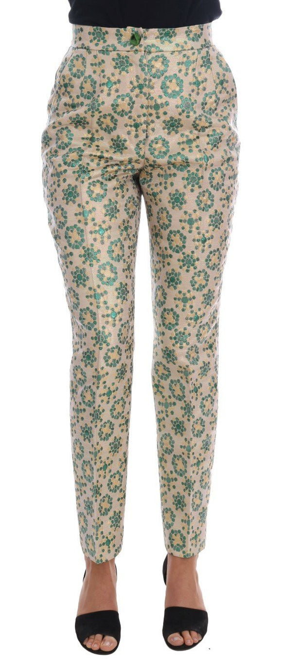 Green Beige Floral Brocade Pants