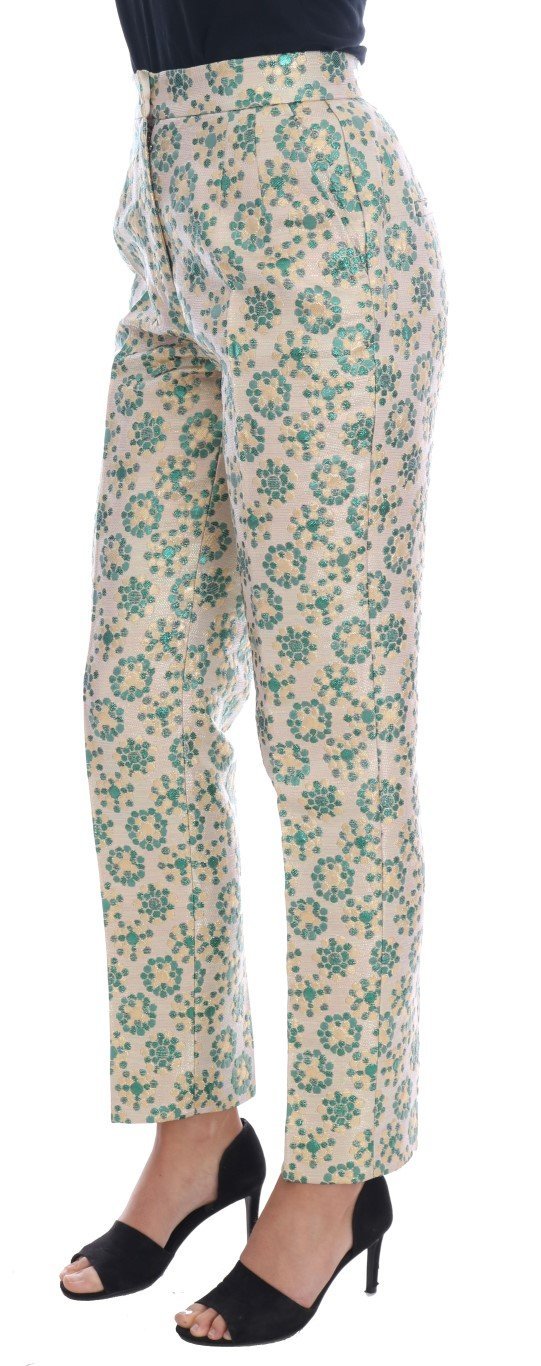 Green Beige Floral Brocade Pants