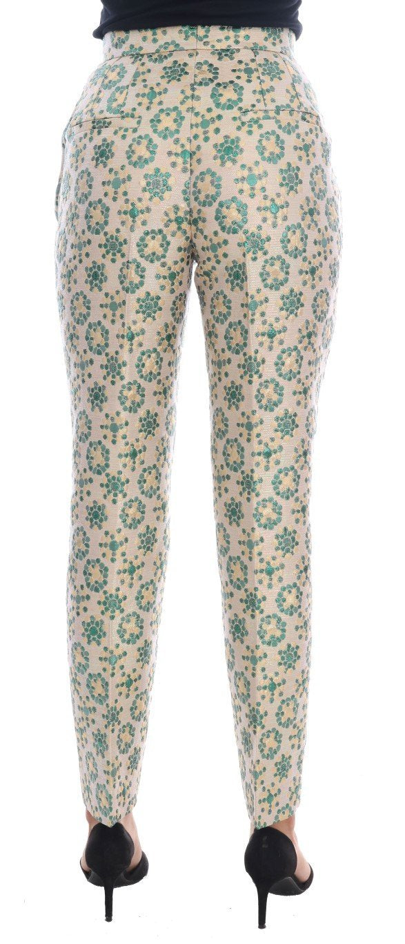 Green Beige Floral Brocade Pants