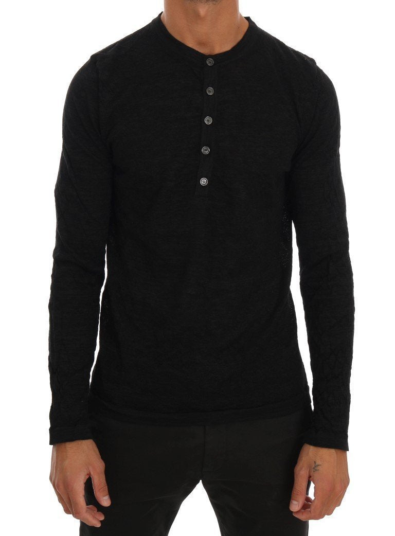 Black Cotton Blend Henley Sweater