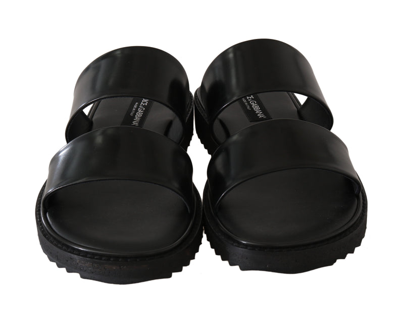 Black Leather Slides Flats Sandals