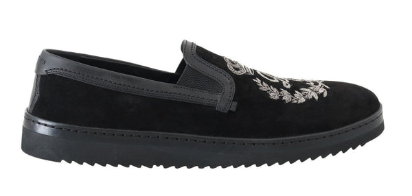 Black Leather Crown Embroidery Loafers