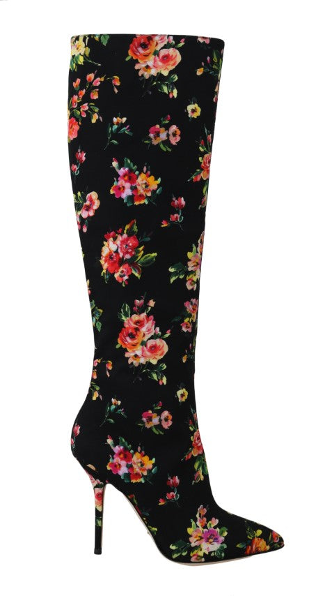 Black Floral Print High Knee Boots
