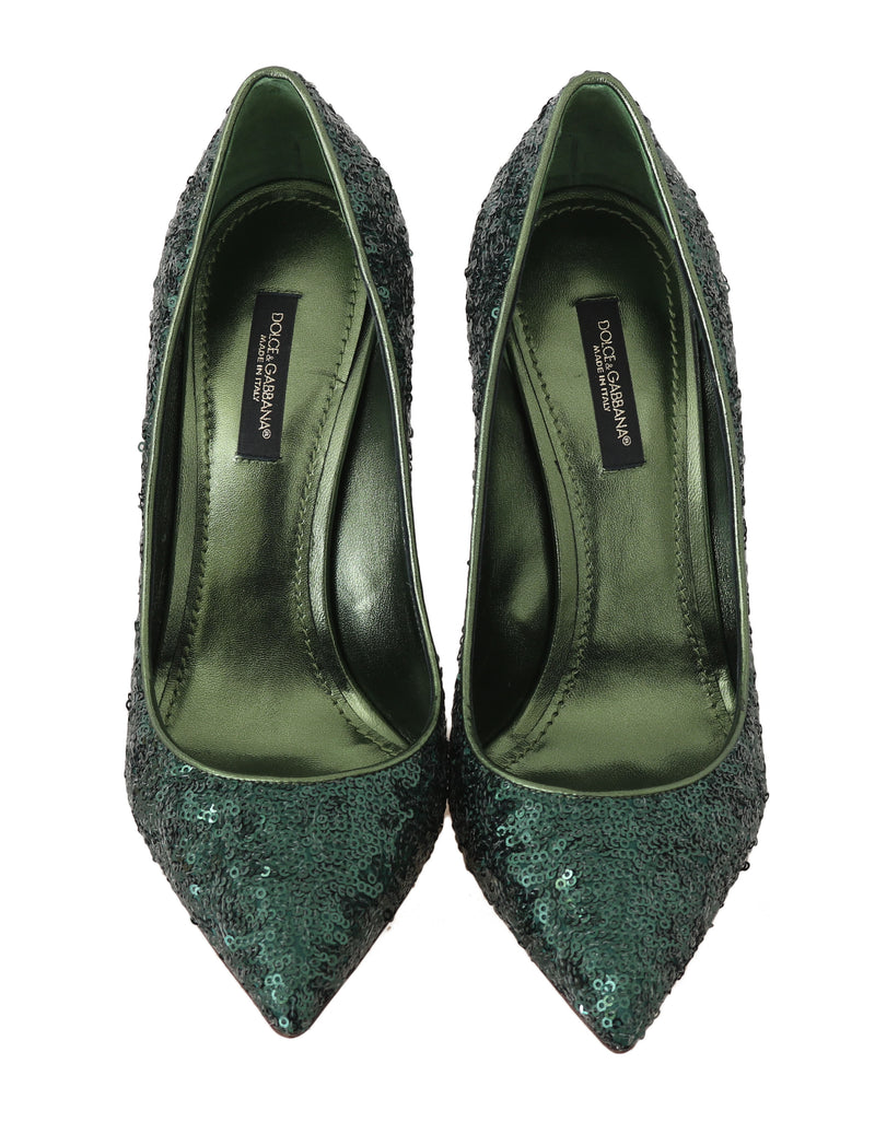 Green Sequined Leather Pumps Heels