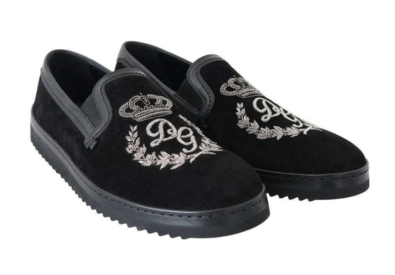 Black Leather Crown Embroidery Loafers
