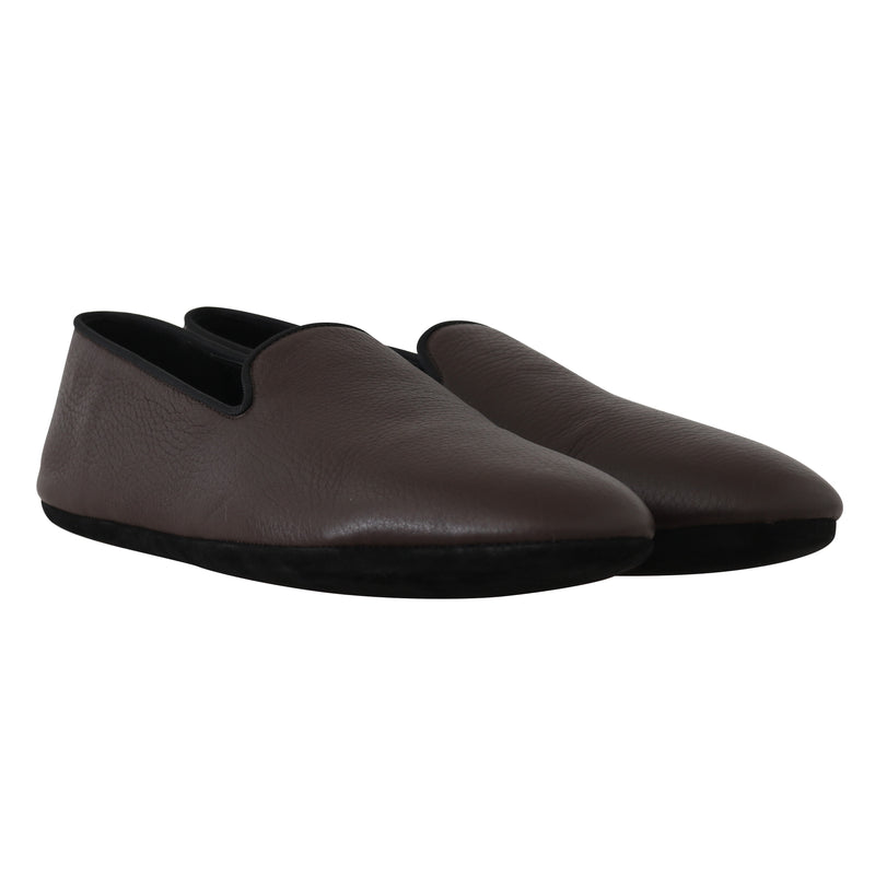 Brown Leather Suede Slides Loafers