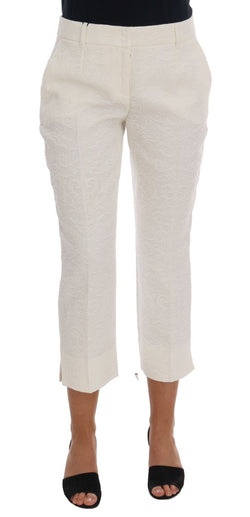 White Floral Brocade Capri Pants