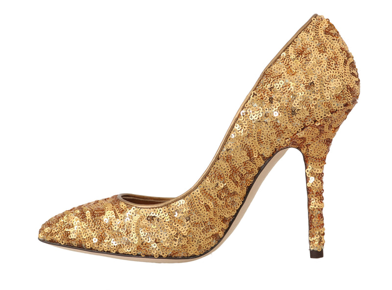 Gold Sequined Leather Pumps Heels