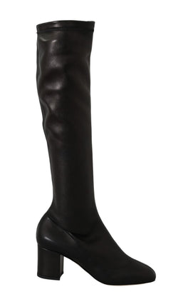 Black Stretch Leather Knee Boots