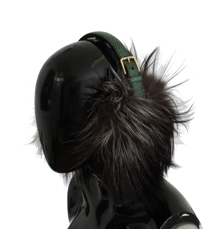 Gray Fox Fur Green Snakeskin Ear Muffs