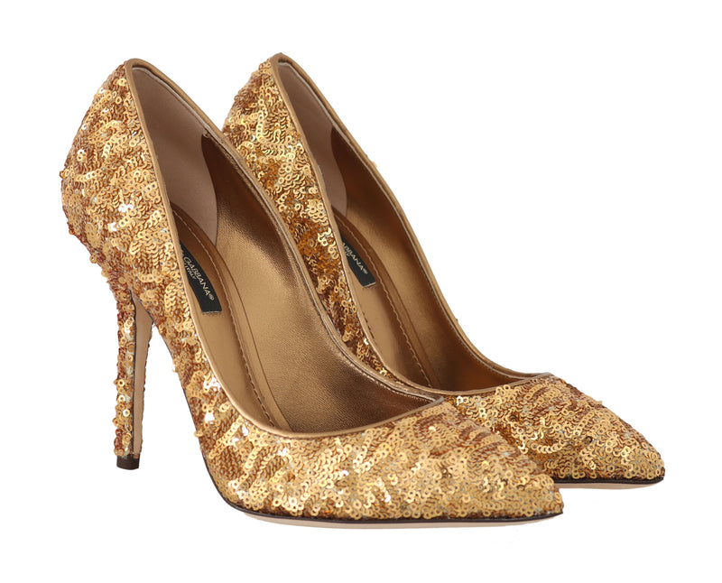 Gold Sequined Leather Pumps Heels