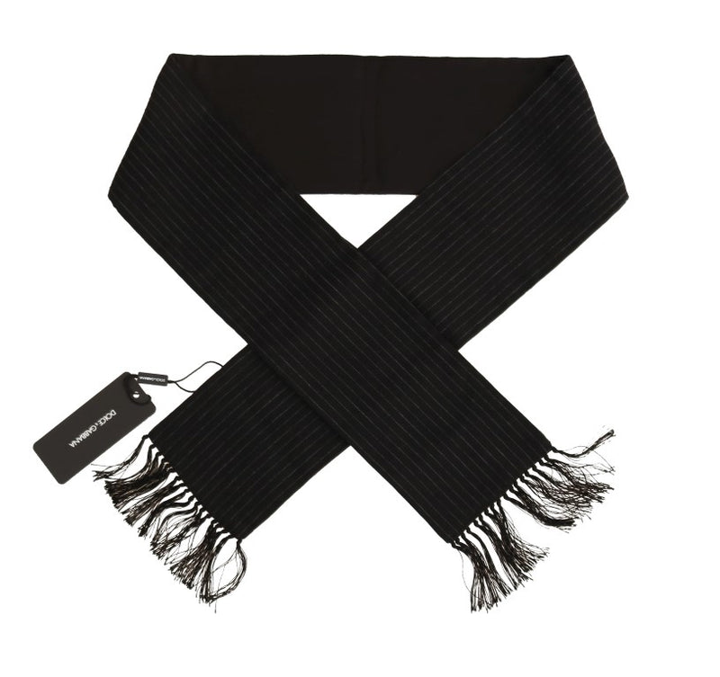 Black Wool Silk Striped Pattern Scarf