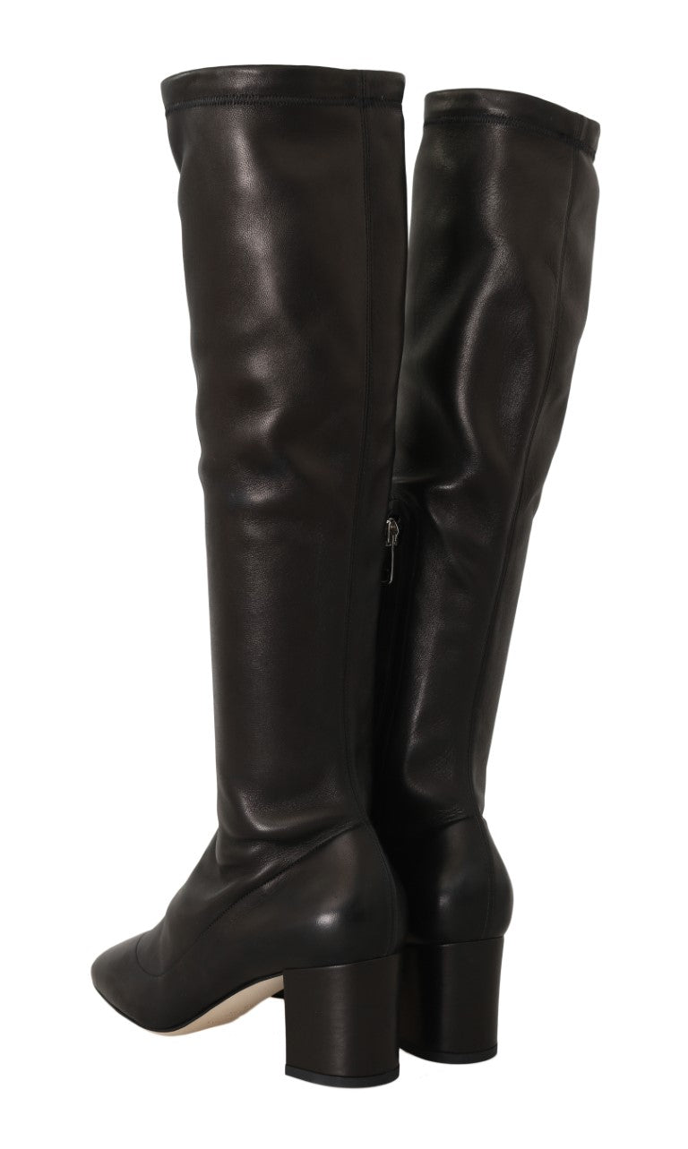 Black Stretch Leather Knee Boots