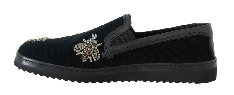 Black Crystal Bee Leather Loafers