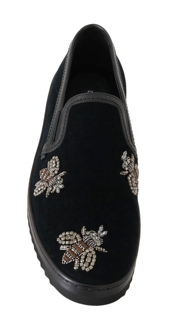Black Crystal Bee Leather Loafers