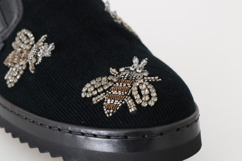 Black Crystal Bee Leather Loafers