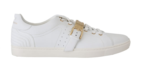 White Leather Gold Buckle Sport Sneakers