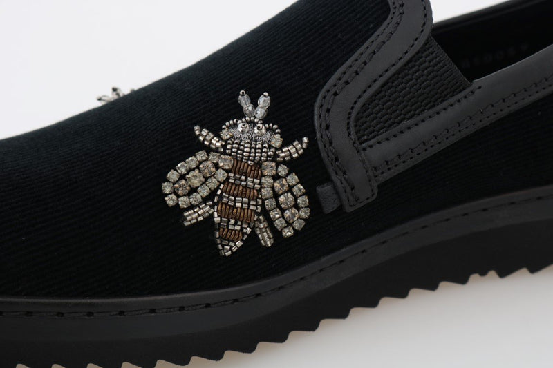 Black Crystal Bee Leather Loafers
