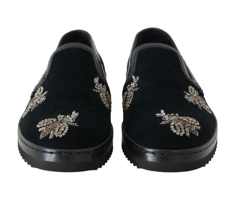 Black Crystal Bee Leather Loafers