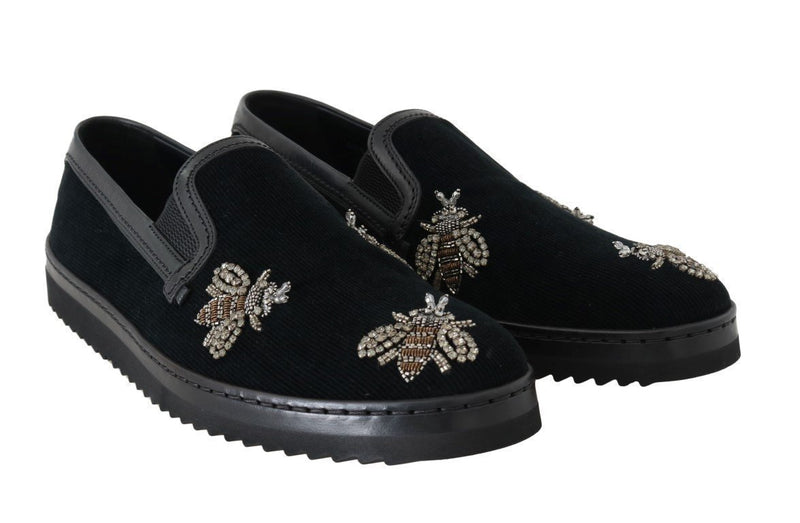 Black Crystal Bee Leather Loafers