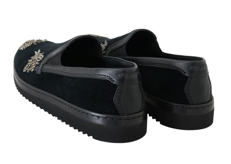 Black Crystal Bee Leather Loafers