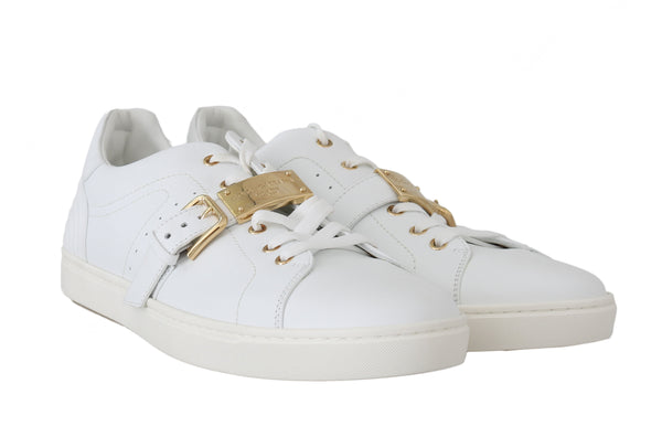 White Leather Gold Buckle Sport Sneakers