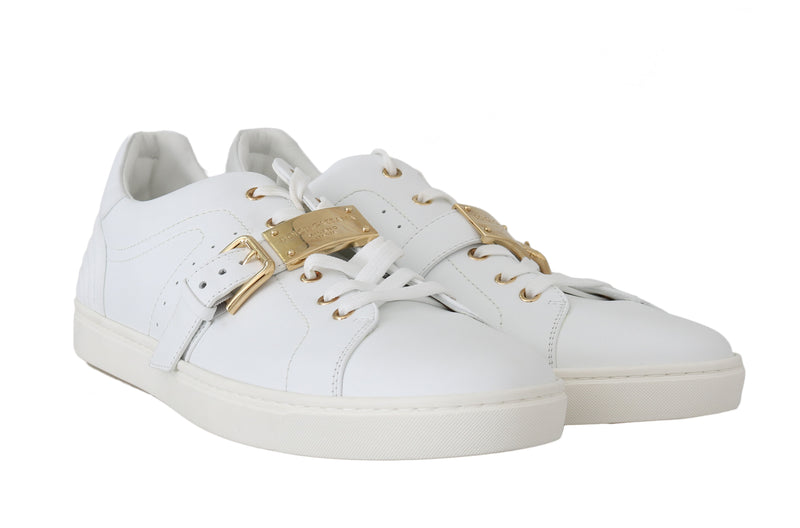 White Leather Gold Buckle Sport Sneakers