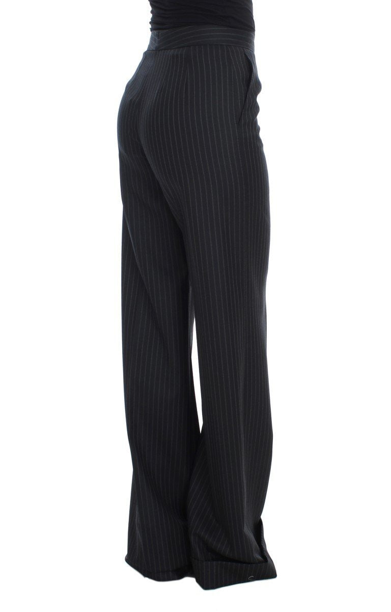 Black Striped Wool High Waist Pants