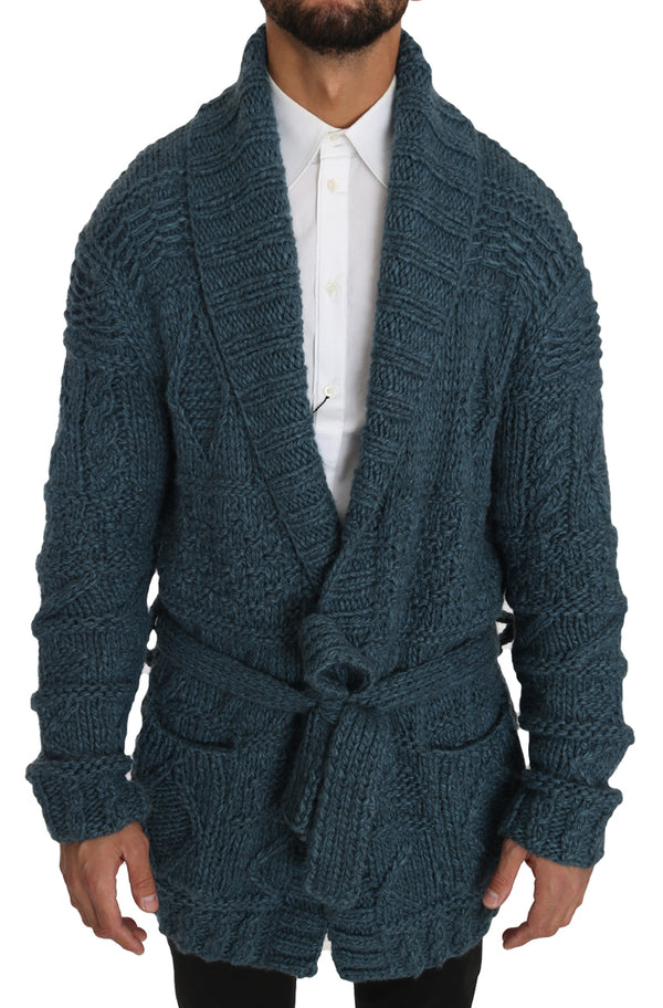 Blue Knitted Wool Wrap Cardigan Sweater