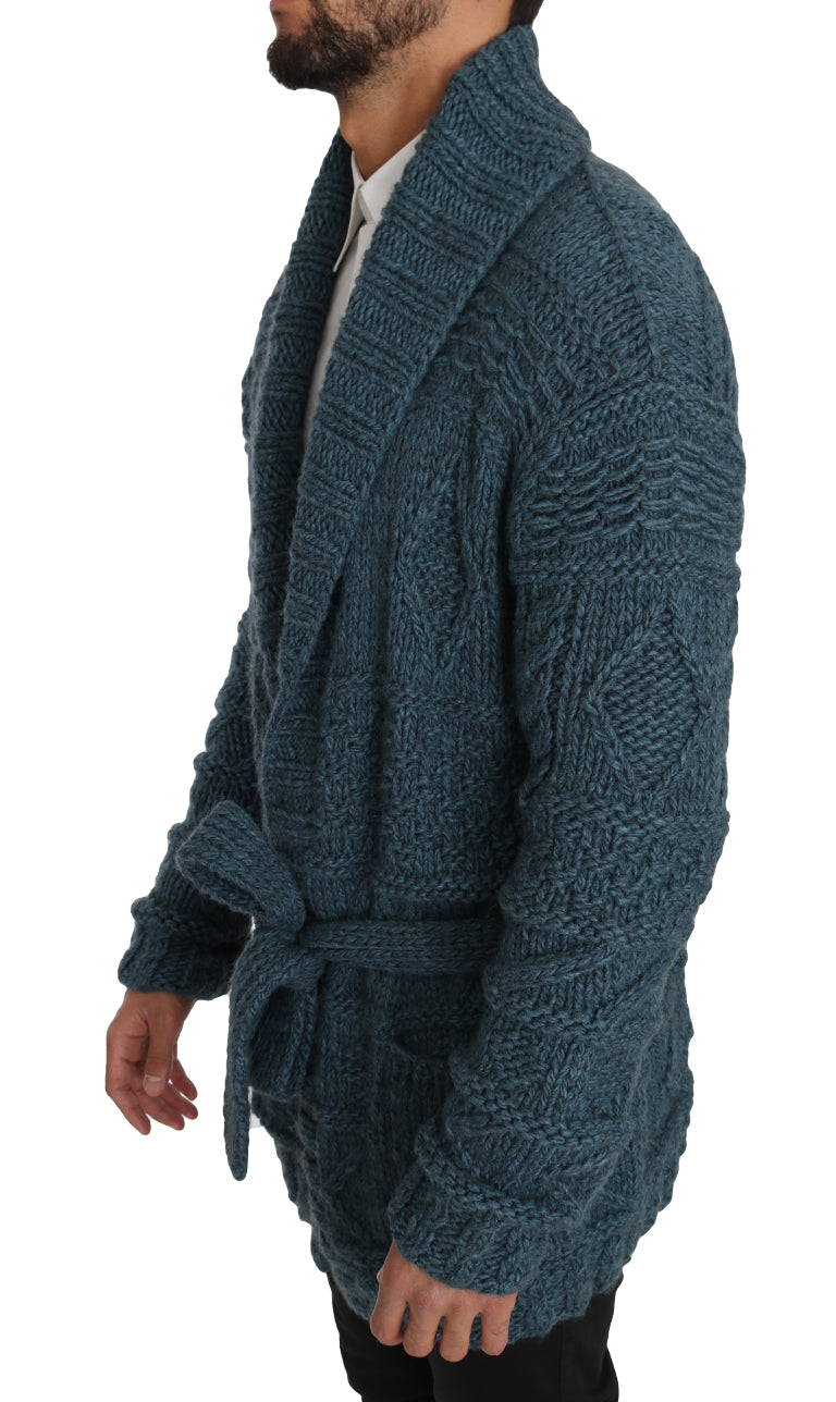 Blue Knitted Wool Wrap Cardigan Sweater