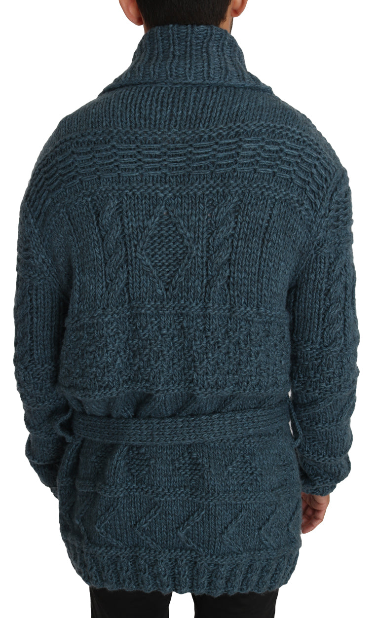 Blue Knitted Wool Wrap Cardigan Sweater