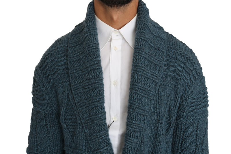 Blue Knitted Wool Wrap Cardigan Sweater