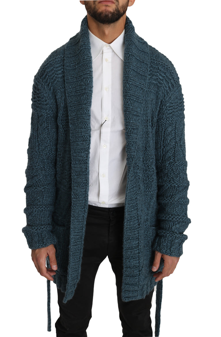 Blue Knitted Wool Wrap Cardigan Sweater