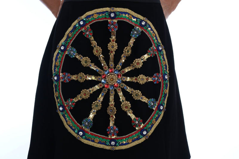 Black Embellished Wheel Wool Crepe Mini Skirt