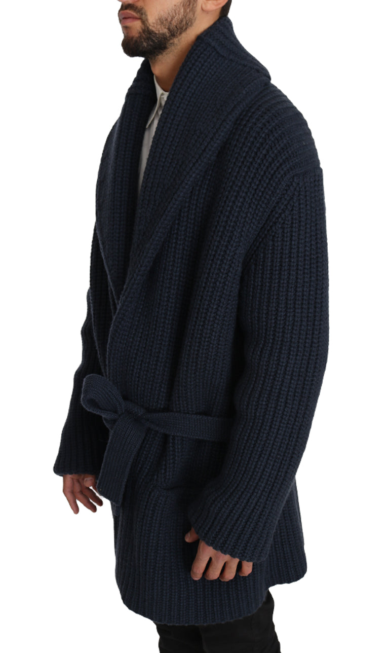 Blue Knitted Cashmere Wrap Cardigan Sweater