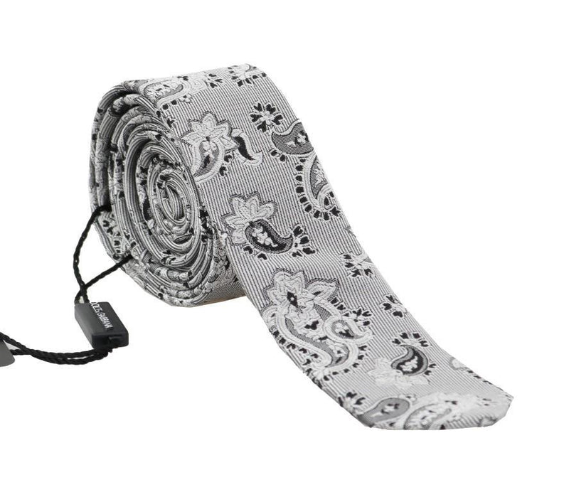 White Silk Black Paisley Slim Tie