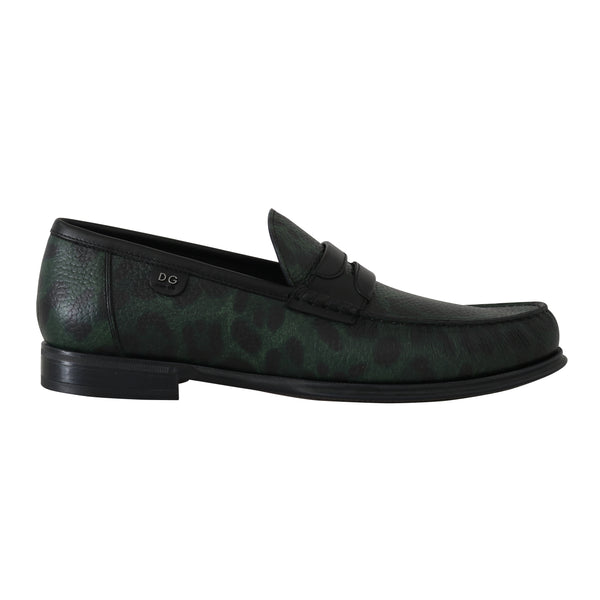 Green Leopard Leather Moccasins Loafers